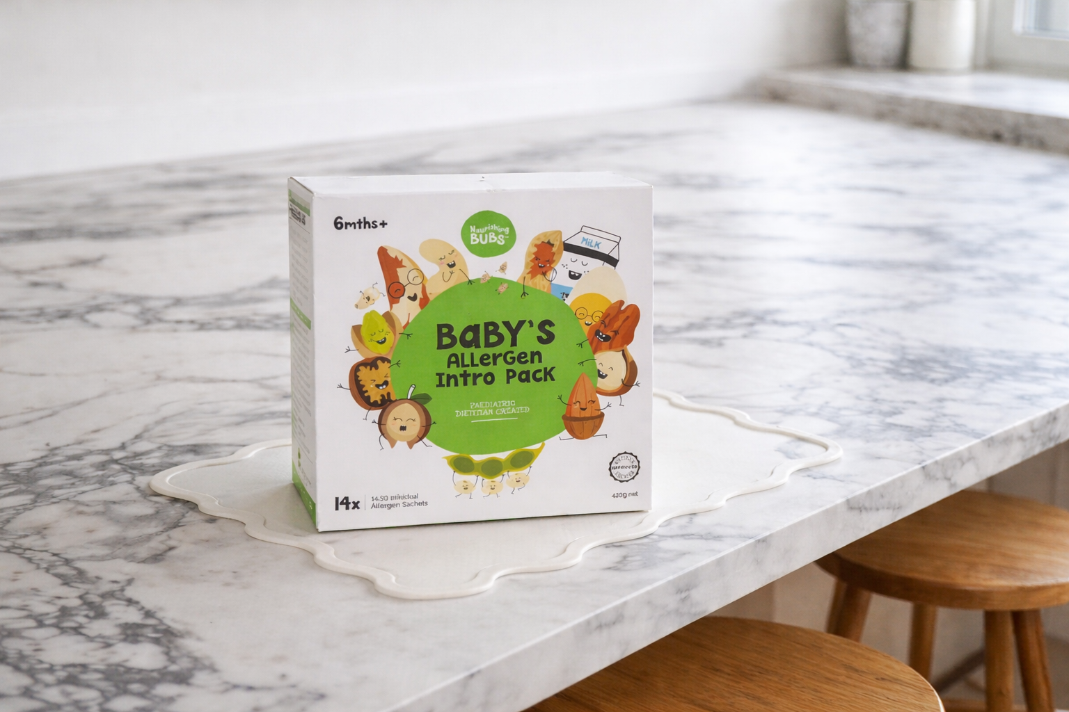 Box of 'Baby's Allergen Intro Pack' on a marble countertop