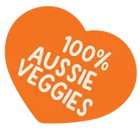 Heart-shaped logo with '100% Aussie Veggies' text on an orange background